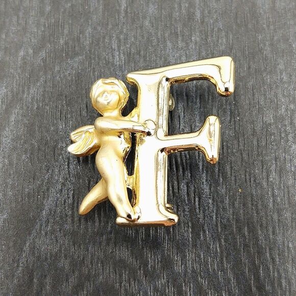 Vintage Angel Monogram Initial "F" Goldtone Pin Brooch - Picture 2 of 8